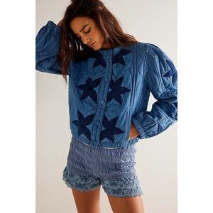 Free People Blue Quilted Jacket with Floral Design